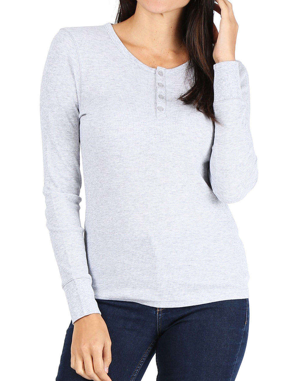 Women’s Long Sleeve Thermal Henley Tee (LIGHTGRAY)