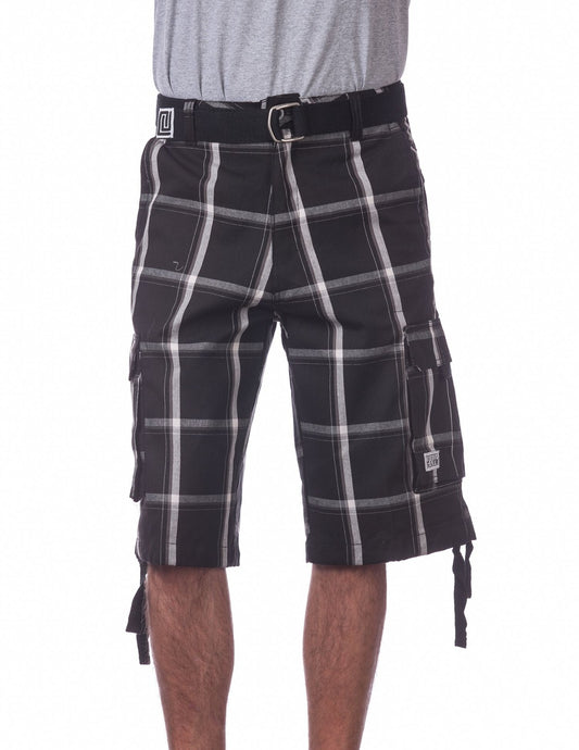 MENS Twill Cargo Shorts (BLACK PLAID)