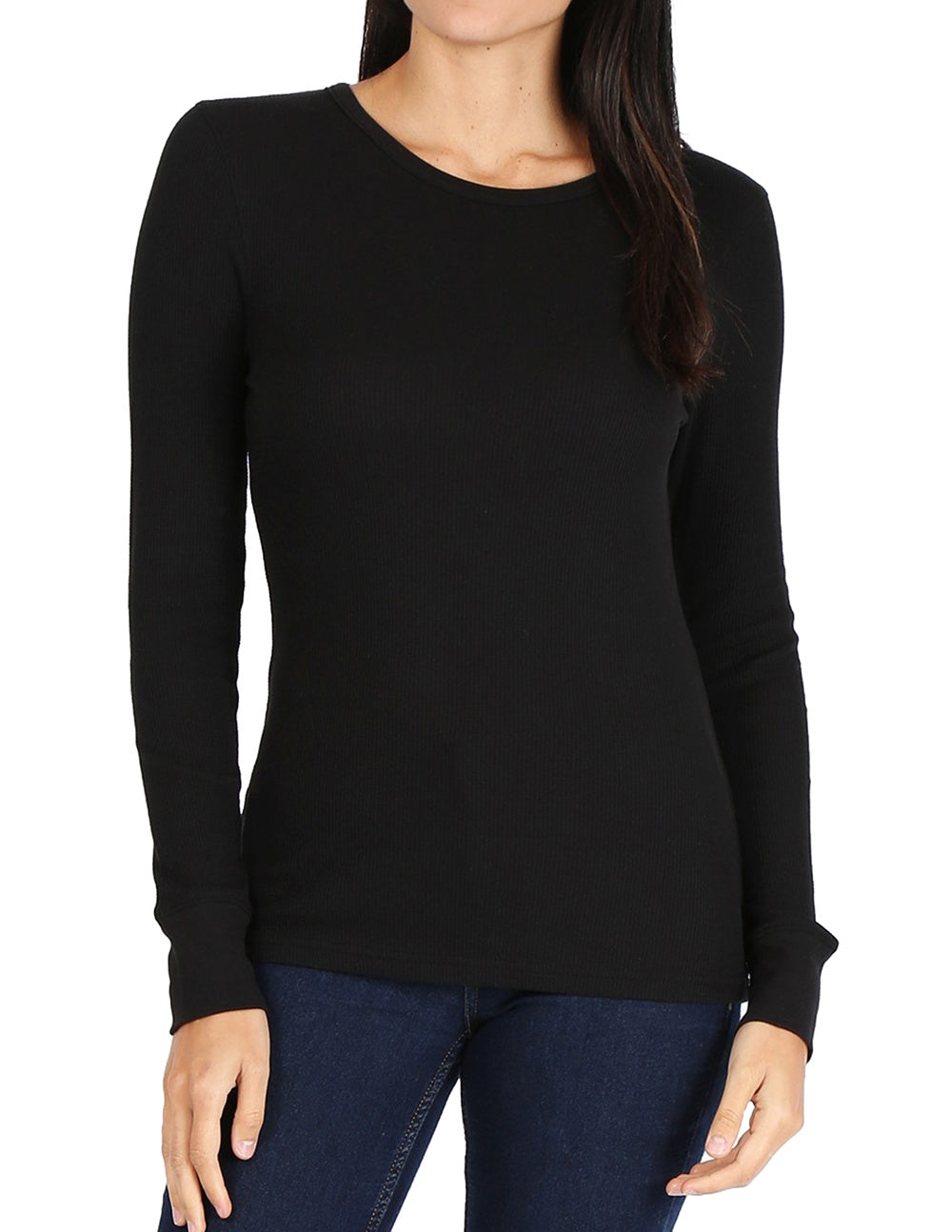 Women’s Long Sleeve Thermal Crew Neck Tee (BLACK)