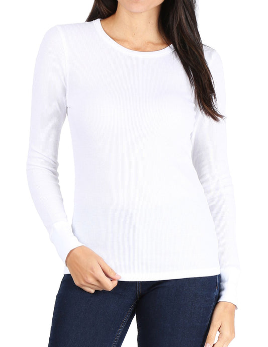 Women’s Long Sleeve Thermal Crew Neck Tee (WHITE)