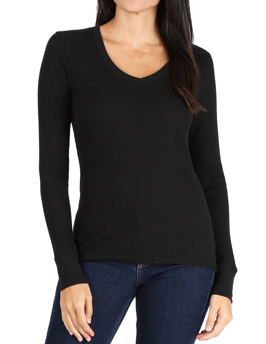 Women’s Long Sleeve Thermal V-Neck Tee (BLACK)