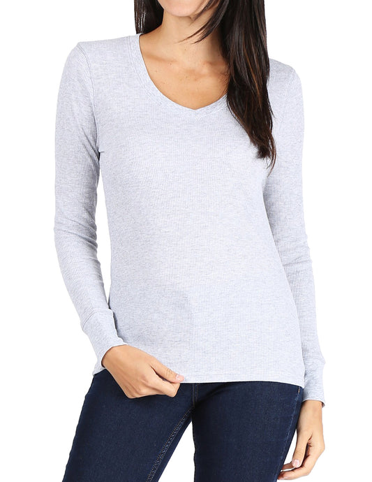 Women’s Long Sleeve Thermal V-Neck Tee (LIGHTGRAY)