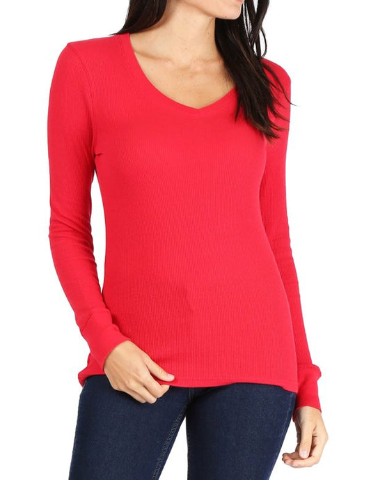 Women’s Long Sleeve Thermal V-Neck Tee (RED)