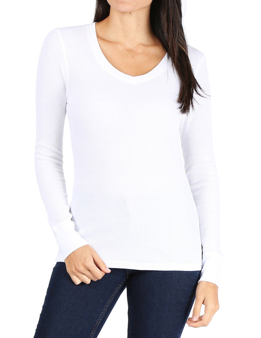 Women’s Long Sleeve Thermal V-Neck Tee (WHITE)