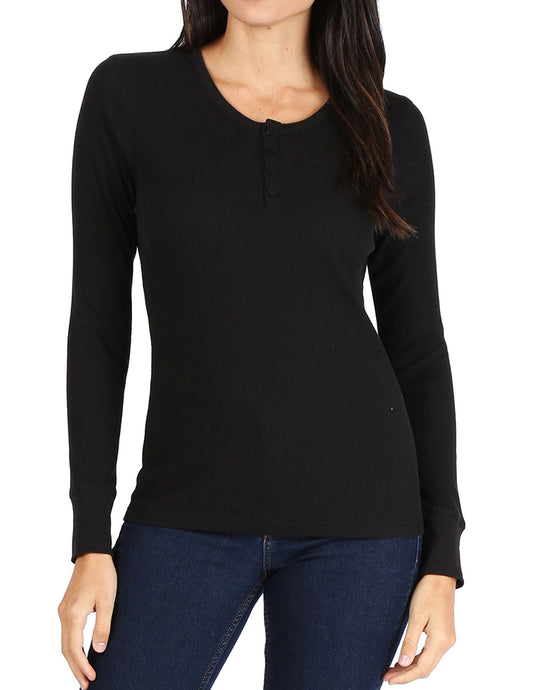 Women’s Long Sleeve Thermal Henley Tee (BLACK)