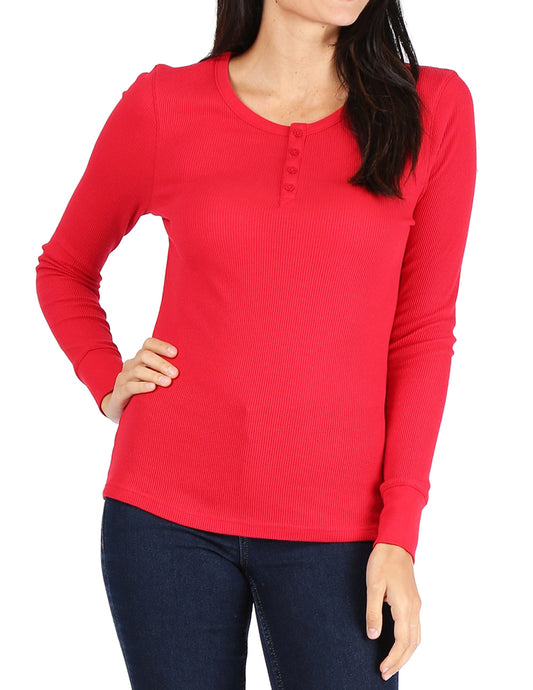 Women’s Long Sleeve Thermal Henley Tee (RED)