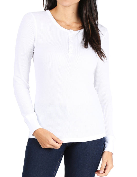 Women’s Long Sleeve Thermal Henley Tee (WHITE)